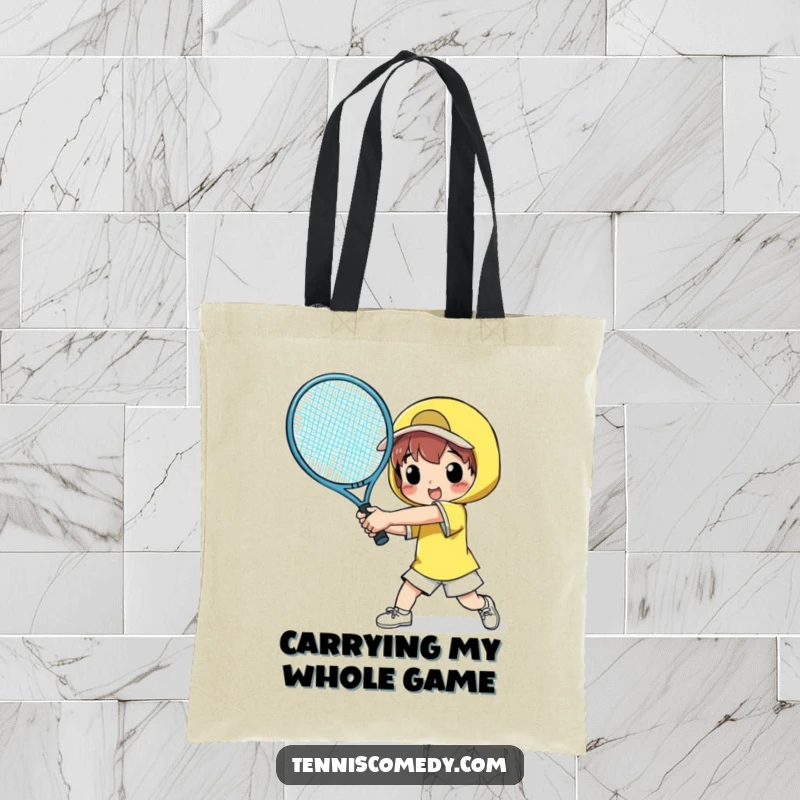 Funny tote bag with a character comically swinging a comically large tennis racket, perfect for carrying groceries and chuckles.