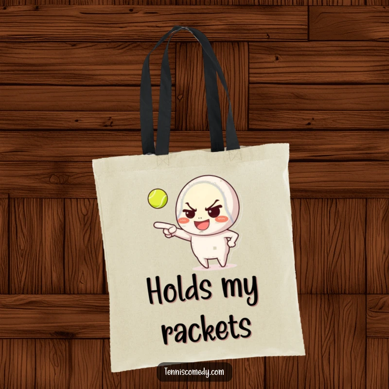 Funny tote bag, character with mischievous grin pointing at tennis ball, practical, cheeky design, ideal for tennis players.