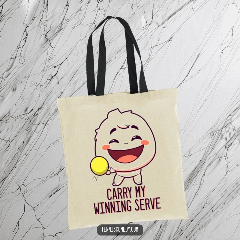 Funny tote bag illustrating a character with a playful smirk, hitting a tennis ball towards a giant smile, a humorous and practical accessory.