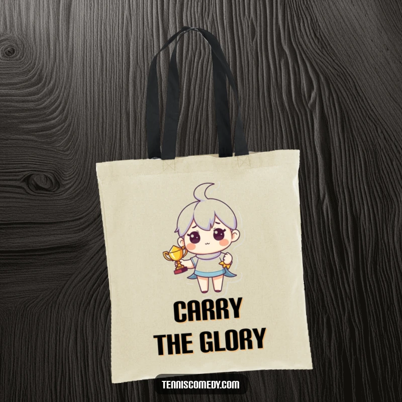Funny tote bag with a cute character holding a tiny trophy with pride. Humorous and practical accessory.