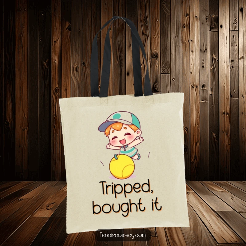 Funny cartoon character tote bag tripping over a tennis ball, giggle-themed accessory, practical and humorous funny gift.