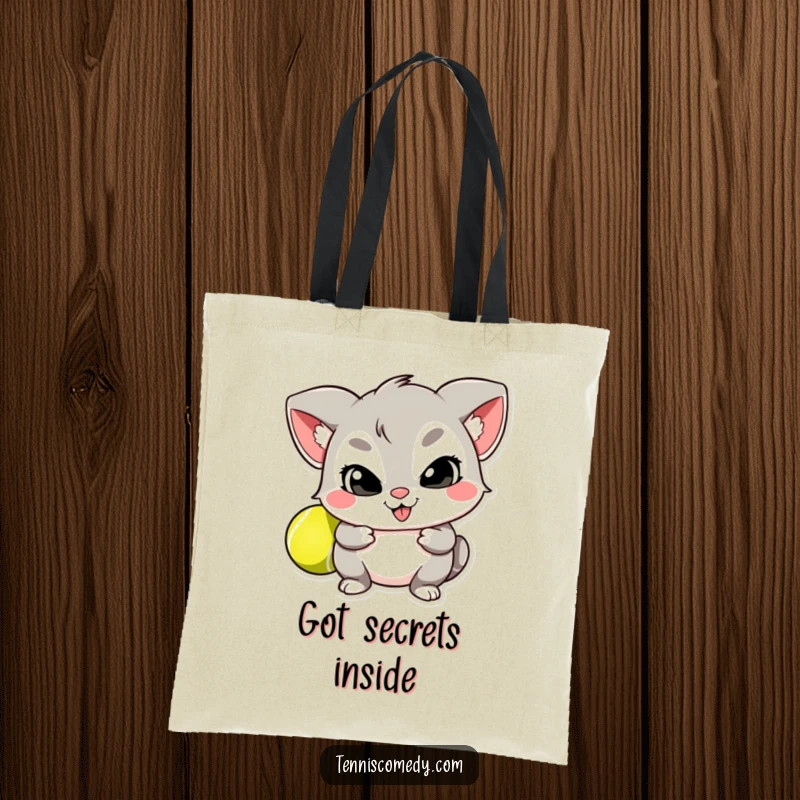 Funny tote bag featuring a mischievous character hiding a tennis ball behind its back, practical and humorous for everyday use.