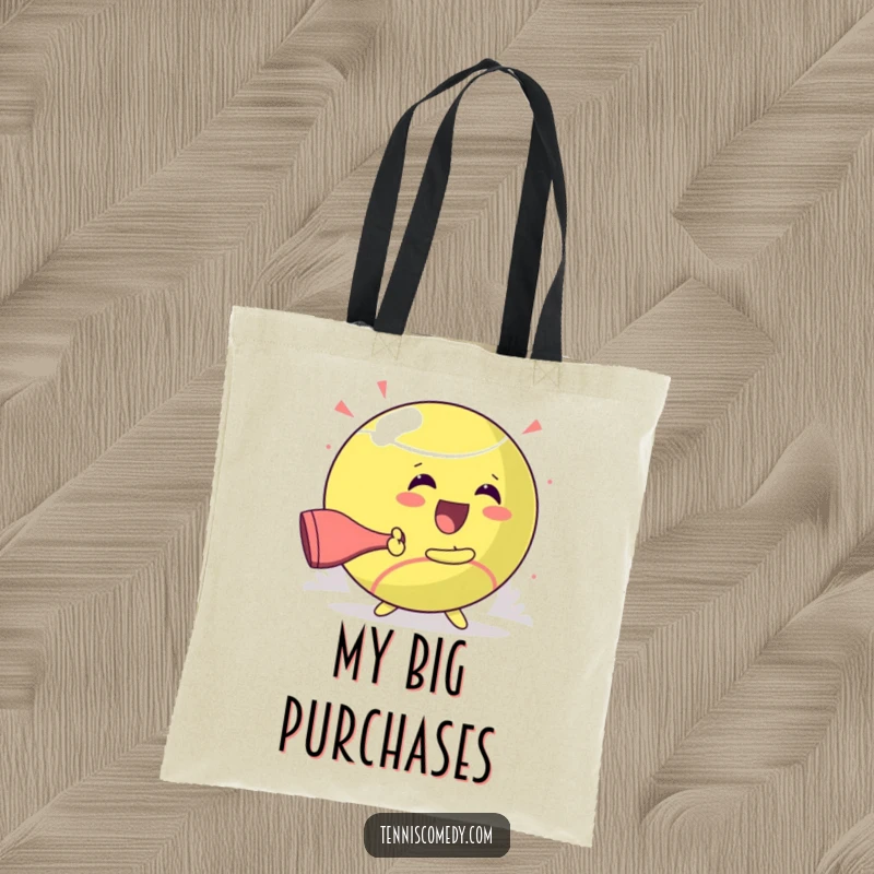 Funny tote bag featuring a kawaii character gleefully making contact with an oversized tennis ball, full of exuberance.