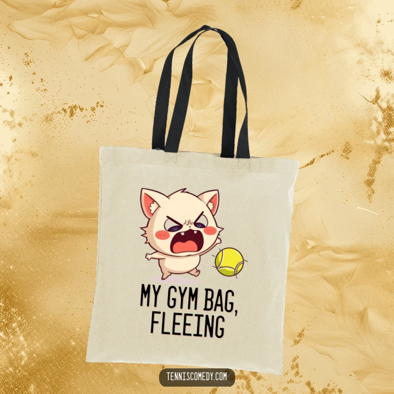 Funny tote bag design featuring a scared Staffordshire character recoiling from a fast-moving tennis ball, highlighting sports humor.