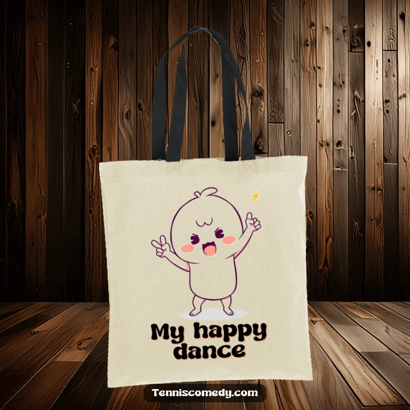 Funny tote bag depicting a kawaii tennis player performing an energetic and silly victory dance with pure glee.