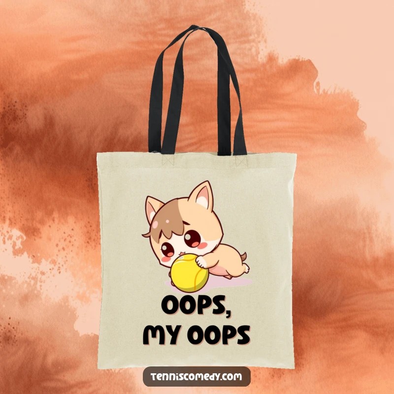 Funny tote bag depicting a kawaii tennis player tripping over a tennis ball, eyes wide with comical surprise.